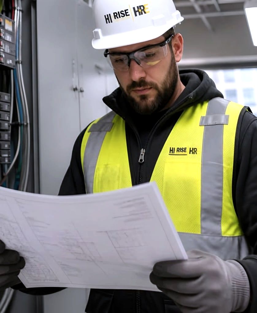 Electrician in branded hard hat and vest reading blueprints beside panel